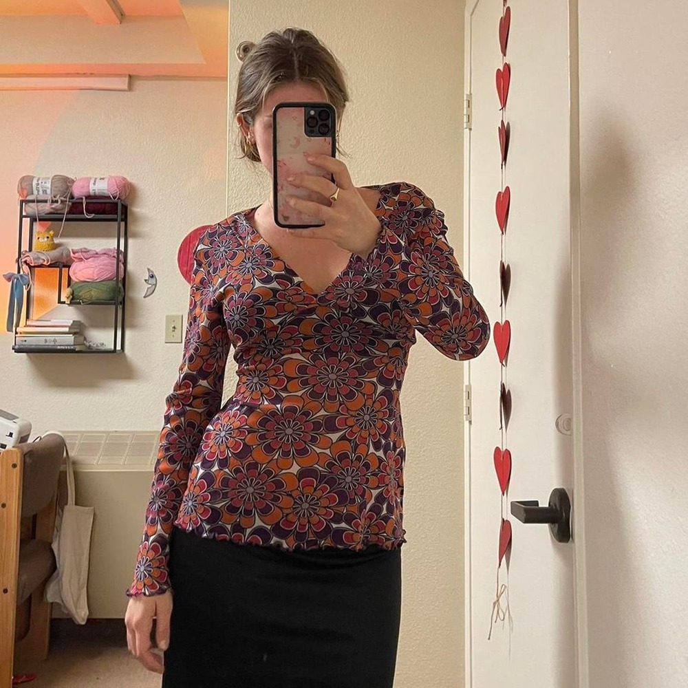 the mesh floral purple and orange long sleeve top